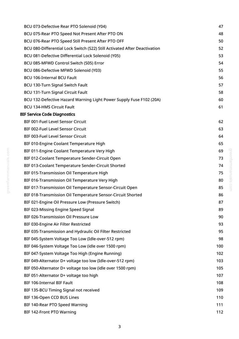 May include: A page from a manual with a list of diagnostic codes, including engine coolant temperature, transmission oil, and system voltage issues. The codes are organized with corresponding page numbers.