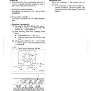 Pu&ograve; includere: Diagramma da un manuale che illustra la rimozione e l'installazione di un gruppo molla di richiamo. Include illustrazioni del gruppo, con etichette e misure. Il gruppo molla di richiamo pesa 250 kg.