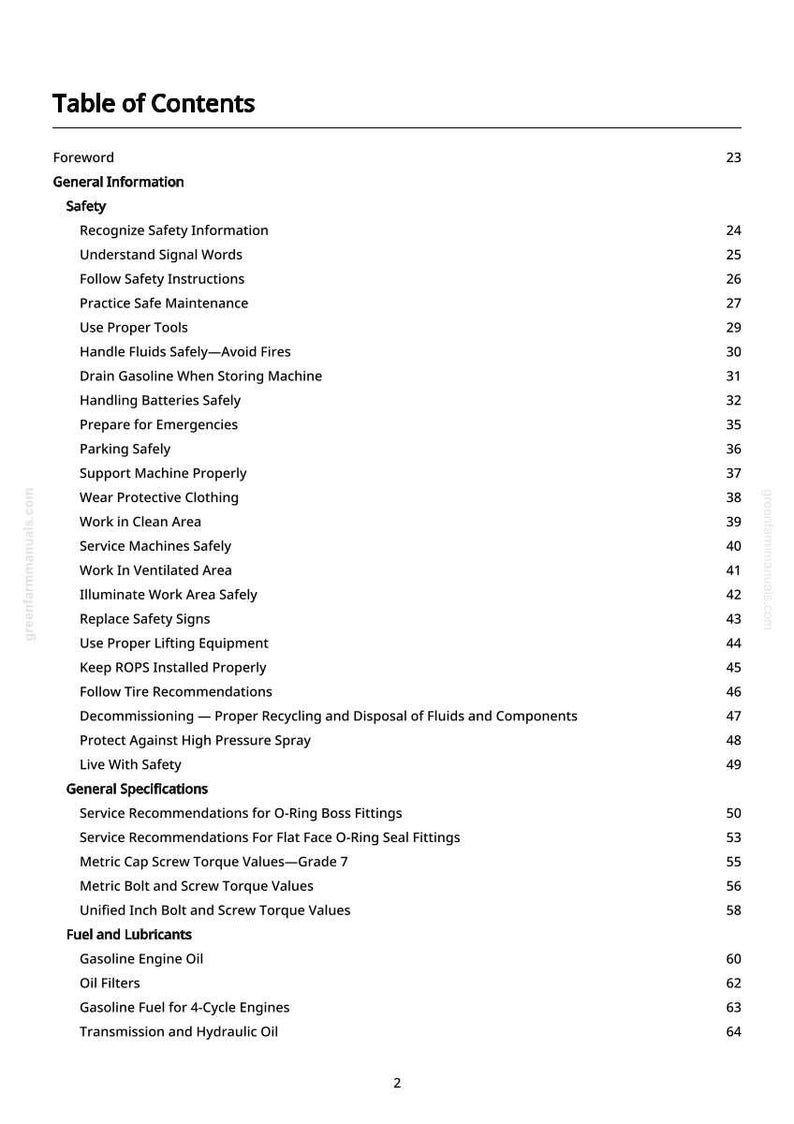 May include: A printed table of contents from a manual, with sections on safety, general information, fuel, and lubricants. The page numbers are listed on the right side of the page.