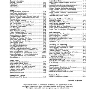 May include: A detailed table of contents from a manual, listing safety instructions, machine operation, and maintenance procedures. The document includes sections on fire prevention, safety signs, and transport guidelines. The pages are numbered and organized for easy reference.