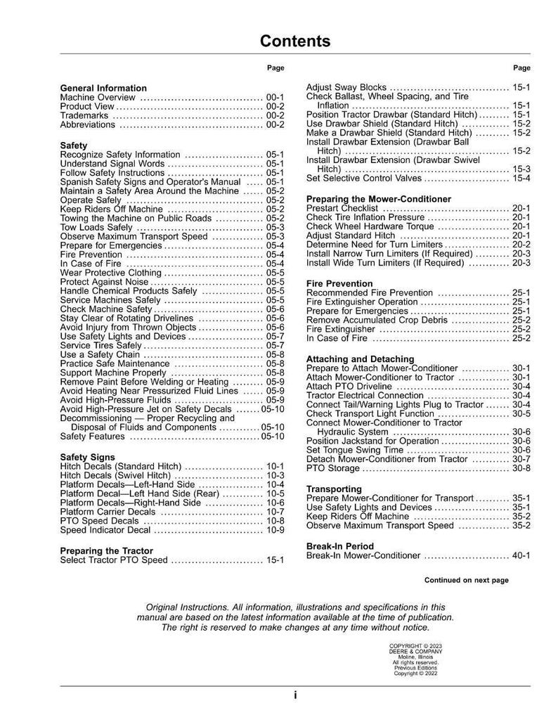 May include: A detailed table of contents from a manual, listing safety instructions, machine operation, and maintenance procedures. The document includes sections on fire prevention, safety signs, and transport guidelines. The pages are numbered and organized for easy reference.