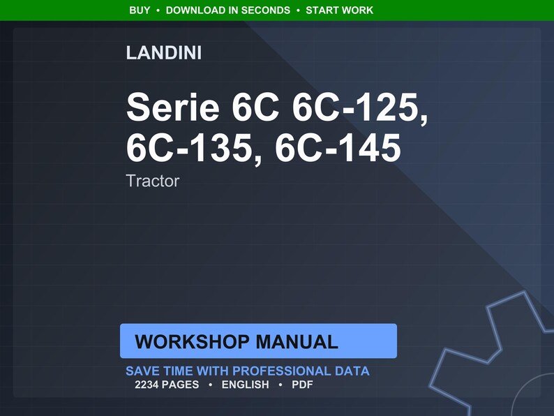 May include: A digital workshop manual for Landini Serie 6C tractors, including models 6C-125, 6C-135, and 6C-145. The manual is in English and contains 2234 pages of professional data. The image has a dark blue background with white text.