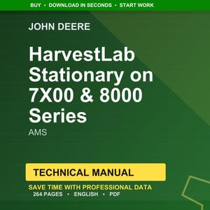 Puede incluir: Una portada de manual t&eacute;cnico John Deere verde y blanca. El t&iacute;tulo dice "HarvestLab Stationary on 7X00 & 8000 Series." El manual incluye el texto "Technical Manual" y "Save time with professional data."