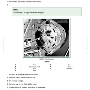 May include: Diagram illustrating the process to remove and install an alternator. The image includes a detailed view of the alternator with labeled parts and a step-by-step guide. Text includes instructions and a legend for the components.