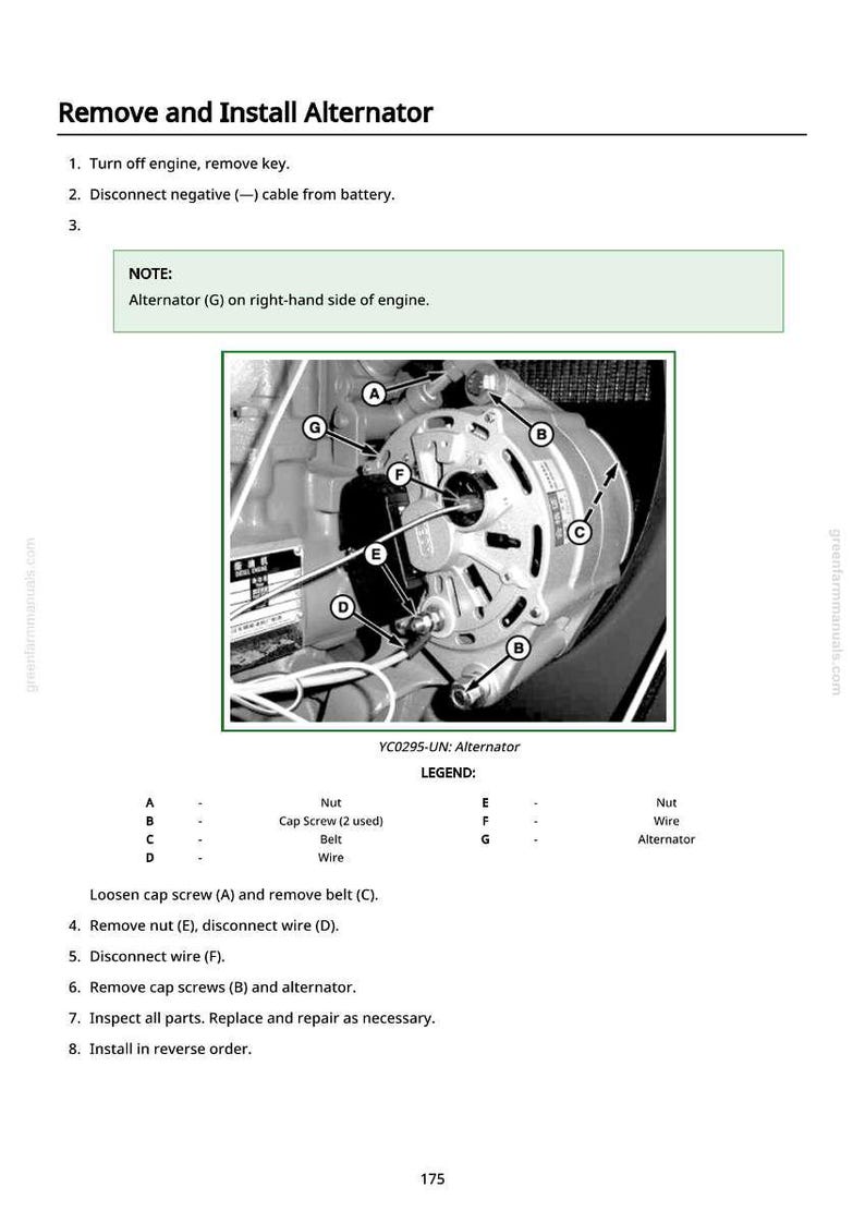 May include: Diagram illustrating the process to remove and install an alternator. The image includes a detailed view of the alternator with labeled parts and a step-by-step guide. Text includes instructions and a legend for the components.