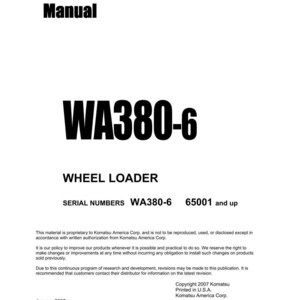 Puede incluir: Una portada de manual de taller blanca con el texto "Shop Manual" en negro. El t&iacute;tulo "WA380-6" se muestra de forma destacada. El texto adicional incluye "WHEEL LOADER" y n&uacute;meros de serie. El documento es de enero de 2007.