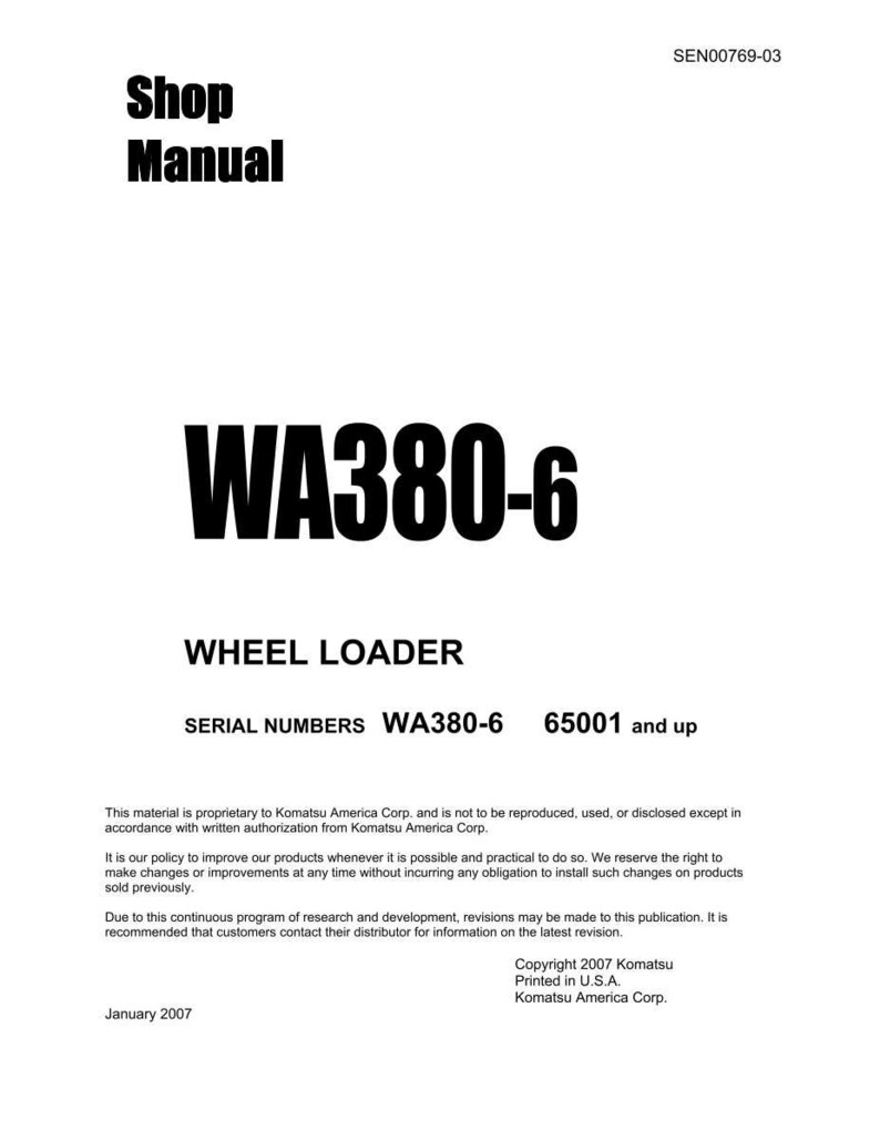 Puede incluir: Una portada de manual de taller blanca con el texto "Shop Manual" en negro. El t&iacute;tulo "WA380-6" se muestra de forma destacada. El texto adicional incluye "WHEEL LOADER" y n&uacute;meros de serie. El documento es de enero de 2007.