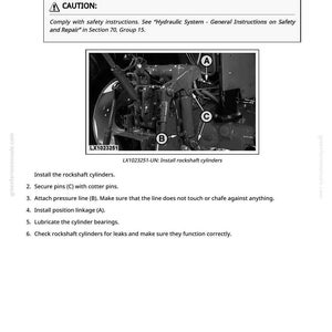 May include: A black and white diagram illustrating the installation of rockshaft cylinders. The image includes a caution notice and detailed instructions. Key components are labeled A, B, and C, with the text "LX1023251-UN: Install rockshaft cylinders".