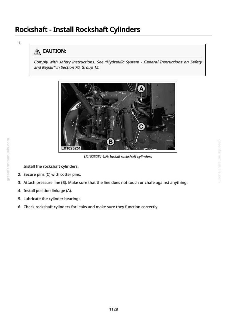 May include: A black and white diagram illustrating the installation of rockshaft cylinders. The image includes a caution notice and detailed instructions. Key components are labeled A, B, and C, with the text "LX1023251-UN: Install rockshaft cylinders".