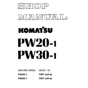 K&ouml;nnte beinhalten: Ein wei&szlig;es Werkstatthandbuch mit dem Text "SHOP MANUAL" in einer stilisierten Schriftart. Darunter ist der Markenname "KOMATSU" zu sehen, gefolgt von "PW20-1" und "PW30-1". Der untere Abschnitt listet Maschinenmodelle und Seriennummern auf.