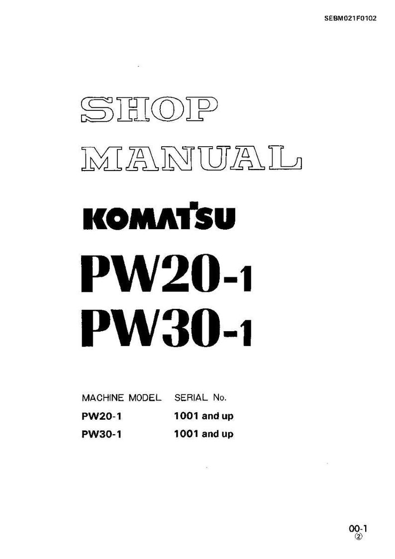 K&ouml;nnte beinhalten: Ein wei&szlig;es Werkstatthandbuch mit dem Text "SHOP MANUAL" in einer stilisierten Schriftart. Darunter ist der Markenname "KOMATSU" zu sehen, gefolgt von "PW20-1" und "PW30-1". Der untere Abschnitt listet Maschinenmodelle und Seriennummern auf.