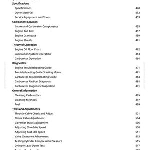 Pu&ograve; includere: Una pagina bianca con un sommario dettagliato per un manuale di riparazione del motore. La tabella elenca varie sezioni, tra cui specifiche, posizioni dei componenti e test e regolazioni, con i relativi numeri di pagina.