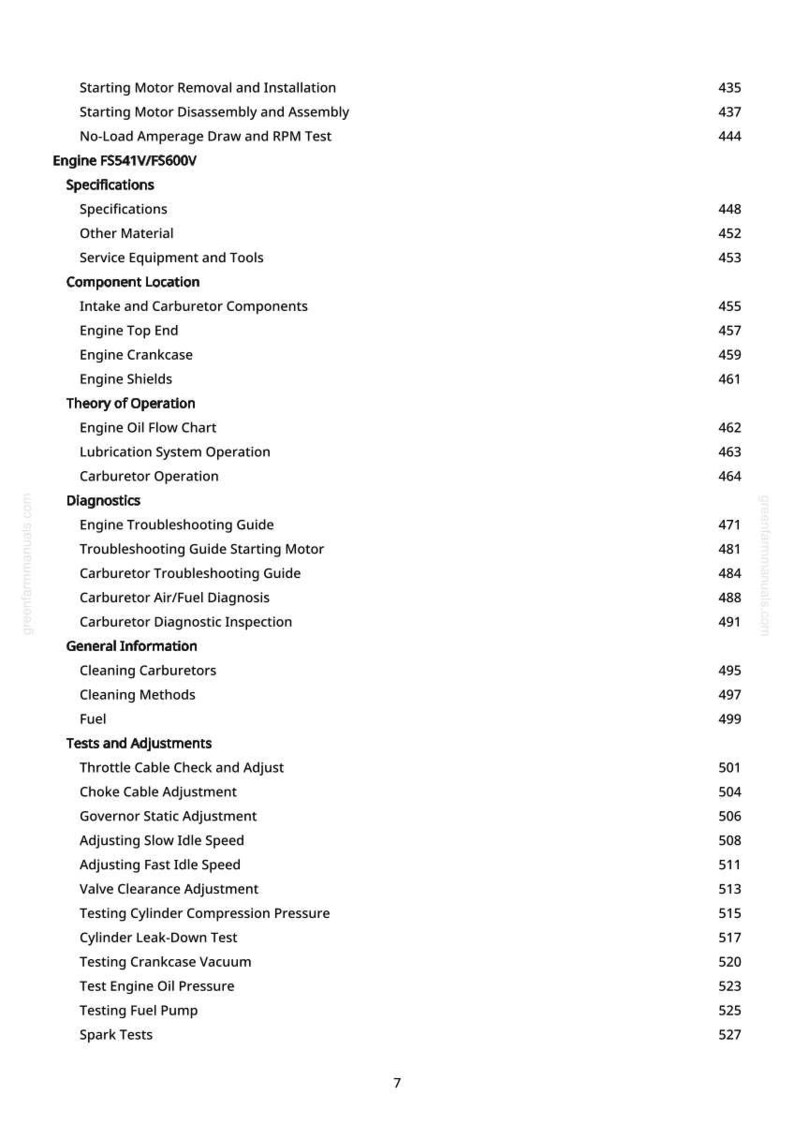 Pu&ograve; includere: Una pagina bianca con un sommario dettagliato per un manuale di riparazione del motore. La tabella elenca varie sezioni, tra cui specifiche, posizioni dei componenti e test e regolazioni, con i relativi numeri di pagina.