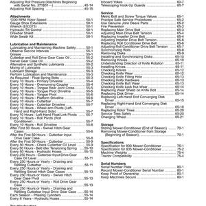 May include: A detailed table of contents from a manual, listing maintenance and service procedures for a mower-conditioner. Includes sections on lubrication, storage, and troubleshooting, with page numbers.