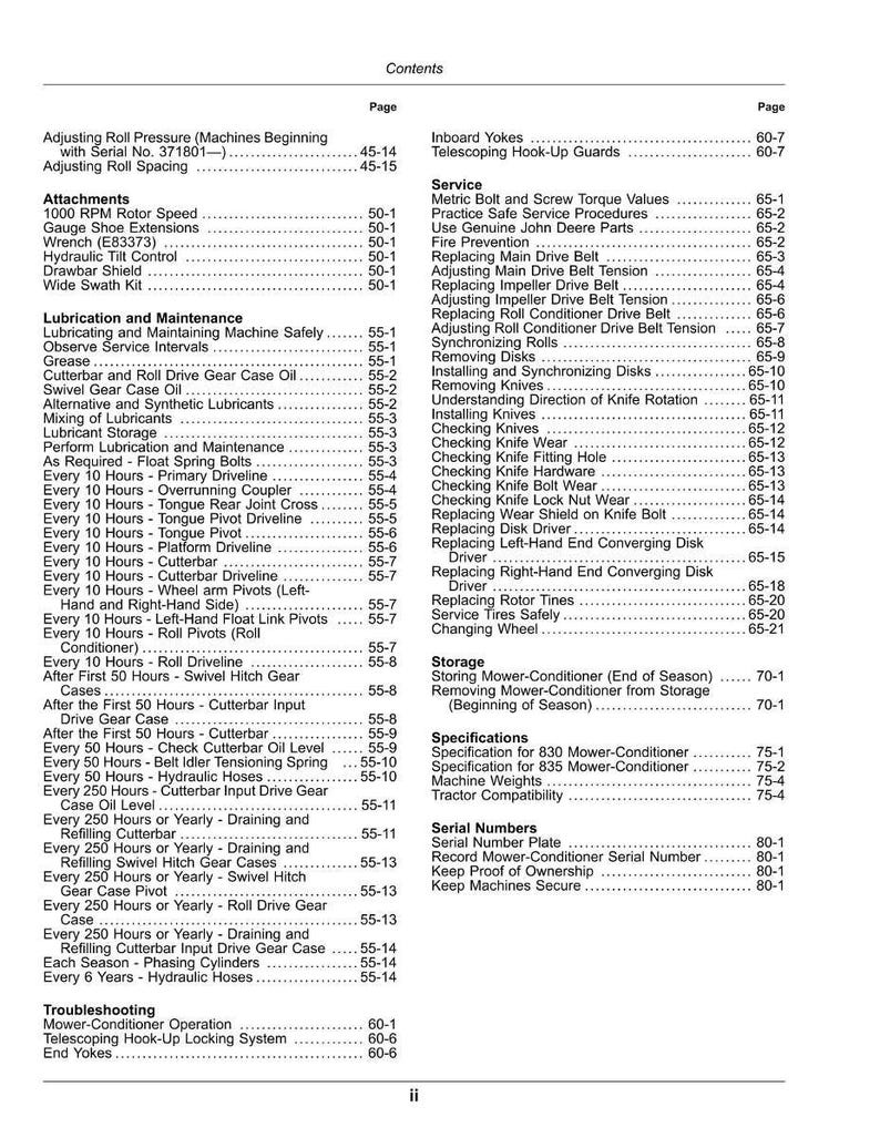 May include: A detailed table of contents from a manual, listing maintenance and service procedures for a mower-conditioner. Includes sections on lubrication, storage, and troubleshooting, with page numbers.