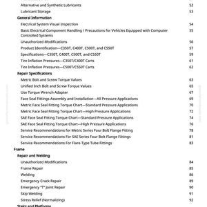 Pu&ograve; includere: Una pagina stampata bianca con un sommario per un manuale. La tabella elenca argomenti come lubrificanti, informazioni generali, specifiche di riparazione e riparazione del telaio. I numeri di pagina sono elencati a destra.