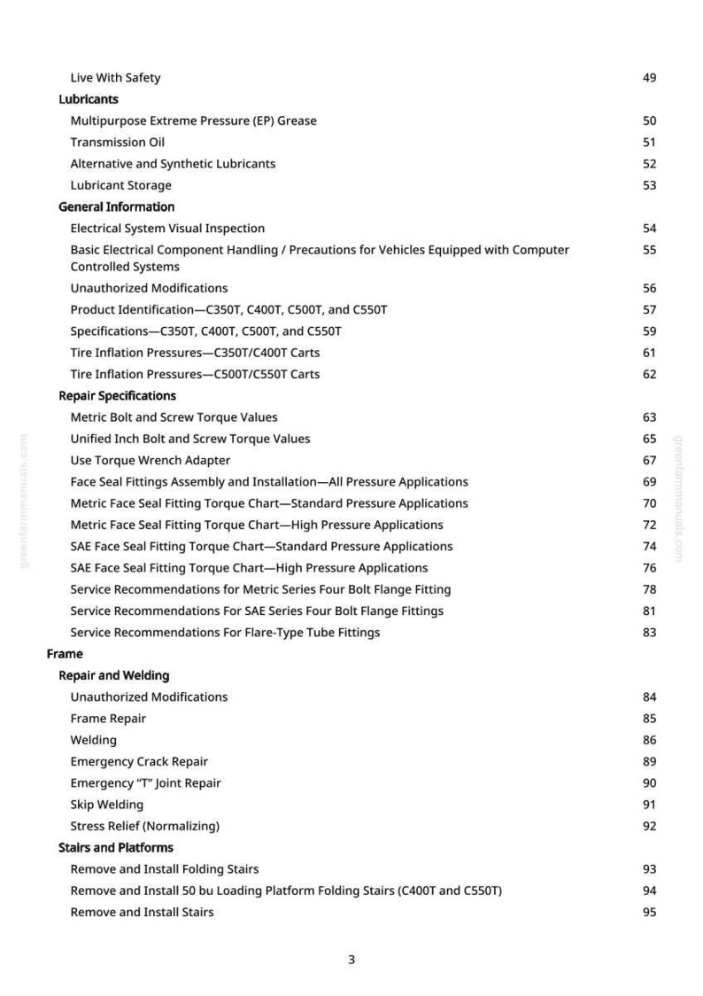 Pu&ograve; includere: Una pagina stampata bianca con un sommario per un manuale. La tabella elenca argomenti come lubrificanti, informazioni generali, specifiche di riparazione e riparazione del telaio. I numeri di pagina sono elencati a destra.