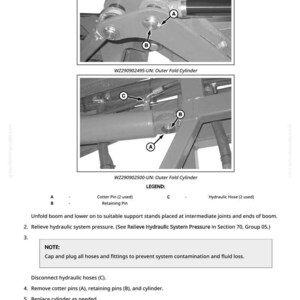 K&ouml;nnte beinhalten: Diagramm eines &auml;u&szlig;eren Faltzylinders mit beschrifteten Komponenten. Enth&auml;lt Splinte, Haltestifte und Hydraulikschl&auml;uche. Anweisungen zur Wartung, einschlie&szlig;lich Aus- und Einbau des Zylinders.