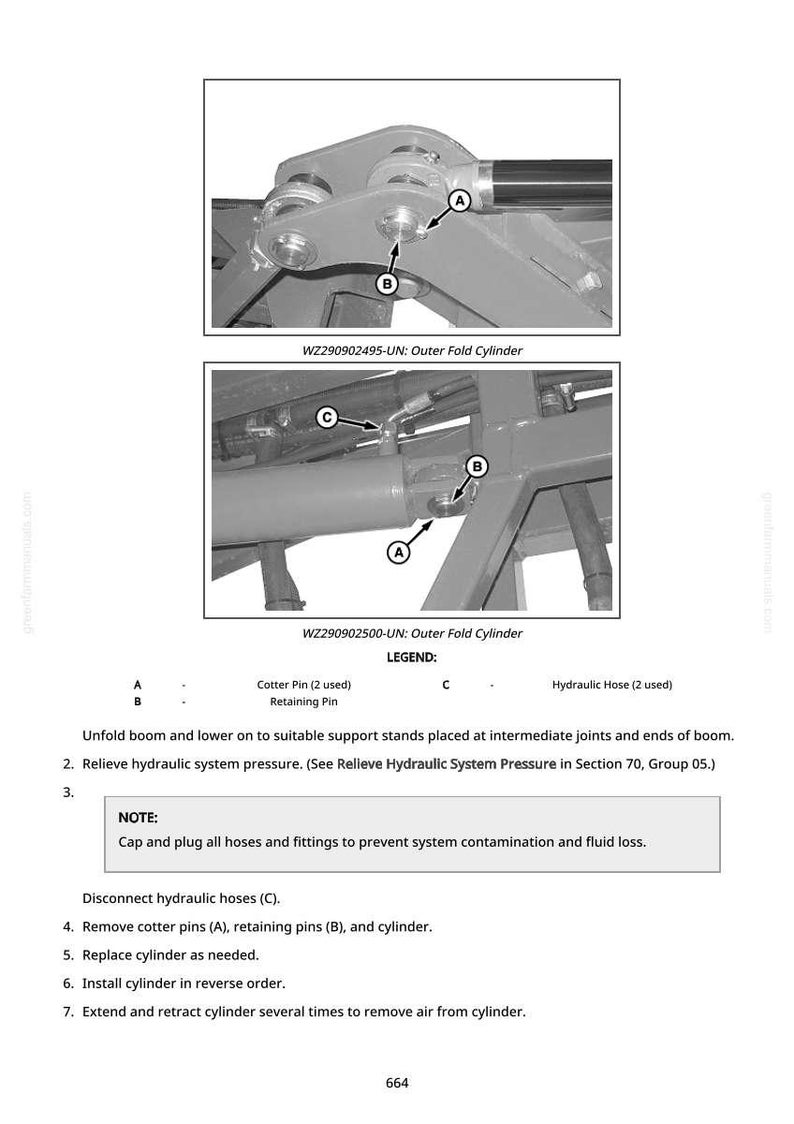 K&ouml;nnte beinhalten: Diagramm eines &auml;u&szlig;eren Faltzylinders mit beschrifteten Komponenten. Enth&auml;lt Splinte, Haltestifte und Hydraulikschl&auml;uche. Anweisungen zur Wartung, einschlie&szlig;lich Aus- und Einbau des Zylinders.