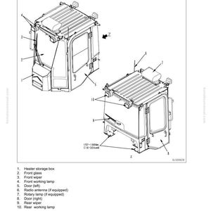 May include: Diagram of a cab with its attachments, labeled with numbers and text. The cab has a heater storage box, front glass, wipers, working lamps, doors, and a radio antenna. The image includes measurements in Nm.