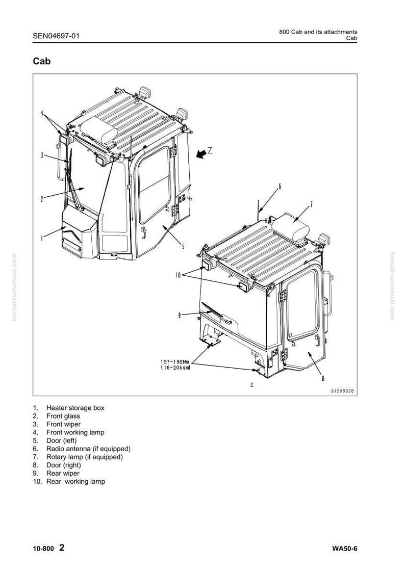 May include: Diagram of a cab with its attachments, labeled with numbers and text. The cab has a heater storage box, front glass, wipers, working lamps, doors, and a radio antenna. The image includes measurements in Nm.
