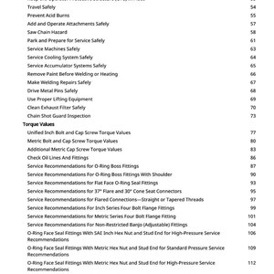 K&ouml;nnte beinhalten: Eine wei&szlig;e Seite mit einer Liste von Sicherheits- und Serviceempfehlungen, einschlie&szlig;lich Themen wie "Stromleitungen vermeiden" und "Serviceempfehlungen f&uuml;r O-Ring-Boss-Fittings". Das Dokument ist nummeriert und enth&auml;lt einen Abschnitt &uuml;ber "Drehmomentwerte".