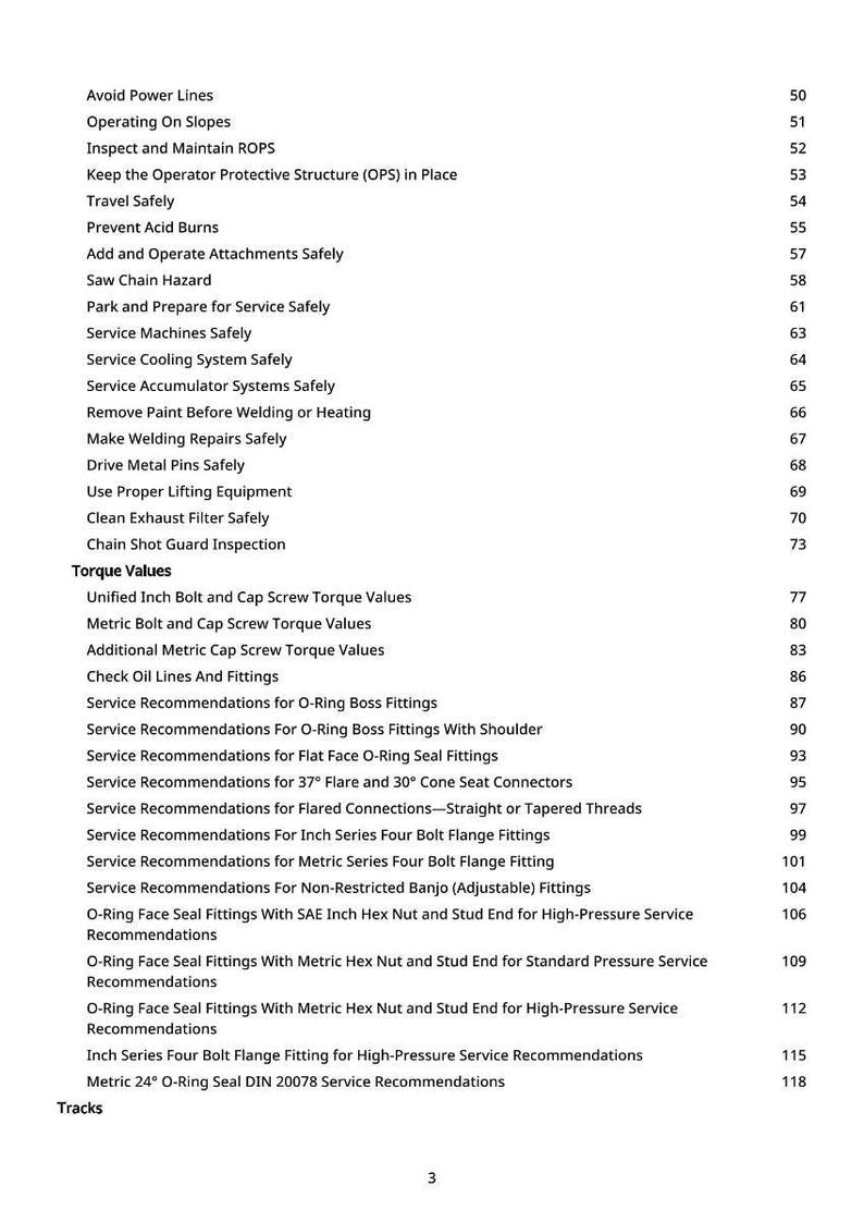 K&ouml;nnte beinhalten: Eine wei&szlig;e Seite mit einer Liste von Sicherheits- und Serviceempfehlungen, einschlie&szlig;lich Themen wie "Stromleitungen vermeiden" und "Serviceempfehlungen f&uuml;r O-Ring-Boss-Fittings". Das Dokument ist nummeriert und enth&auml;lt einen Abschnitt &uuml;ber "Drehmomentwerte".