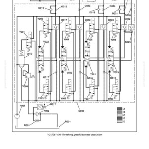 K&ouml;nnte beinhalten: Diagramm eines Hydrauliksystems mit verschiedenen Komponenten, darunter Ventile, Zylinder und Leitungen. Das Diagramm ist mit alphanumerischen Codes und dem Text "YC15061-UN: Threshing Speed Decrease Operation" beschriftet.