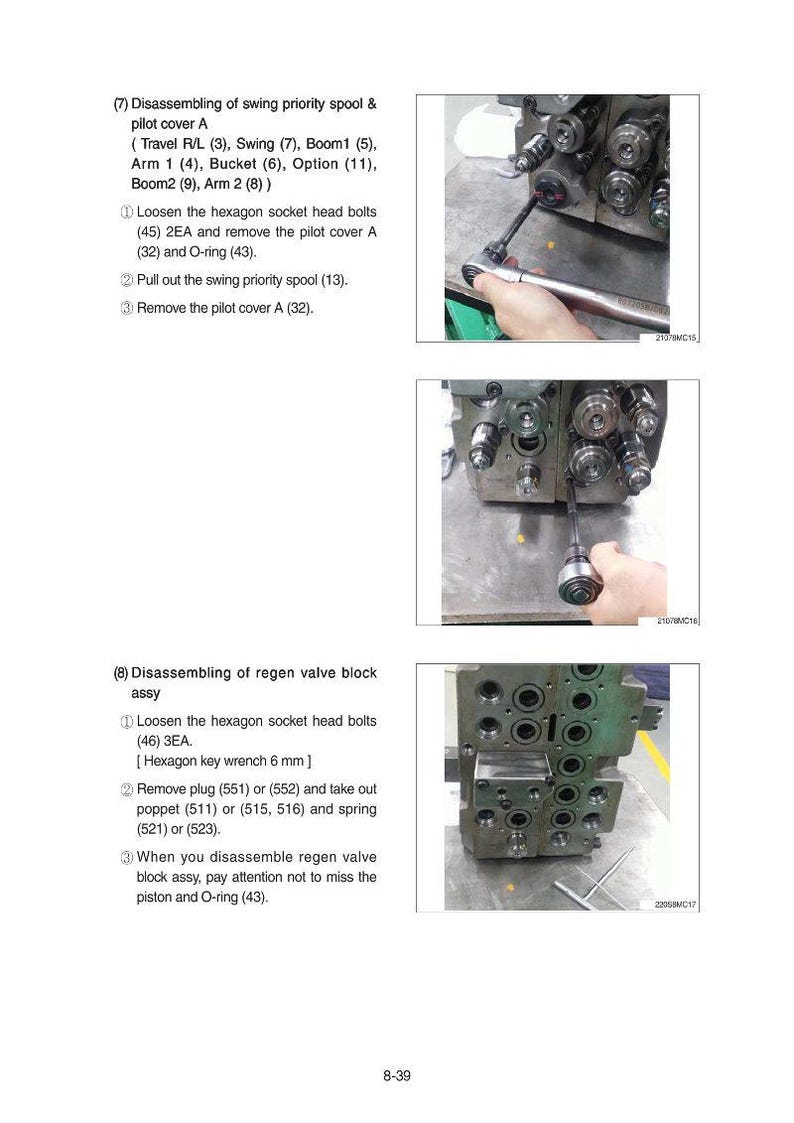 K&ouml;nnte beinhalten: Technische Zeichnung zur Demontage einer Schwenkpriorit&auml;tsspule und einer Regenerationsventilblockbaugruppe. Bilder zeigen Werkzeuge im Einsatz an Maschinenteilen. Text enth&auml;lt Teilenummern und Anweisungen.