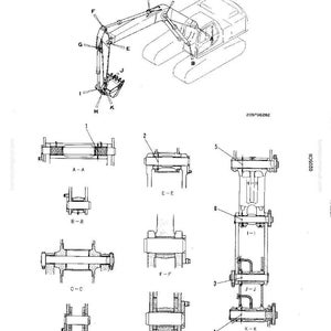 K&ouml;nnte beinhalten: Technische Illustration von Arbeitsger&auml;ten, einschlie&szlig;lich eines Baggers mit beschrifteten Teilen. Das Bild zeigt auch Nahaufnahmen von mechanischen Komponenten, wie Gelenken und Zylindern, mit Beschriftungen und Ma&szlig;en.