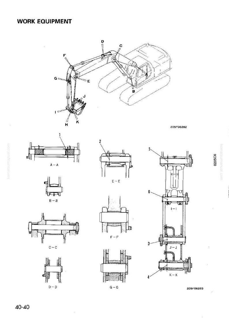 K&ouml;nnte beinhalten: Technische Illustration von Arbeitsger&auml;ten, einschlie&szlig;lich eines Baggers mit beschrifteten Teilen. Das Bild zeigt auch Nahaufnahmen von mechanischen Komponenten, wie Gelenken und Zylindern, mit Beschriftungen und Ma&szlig;en.