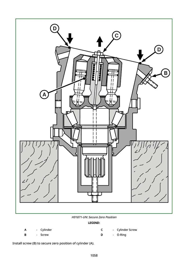 May include: Diagram of an engine component with labels A, B, C, and D. The diagram includes a cylinder, screw, cylinder screw, and O-ring. The text "H91871-UN: Secure Zero Position" is at the top. Instructions are provided below the diagram.