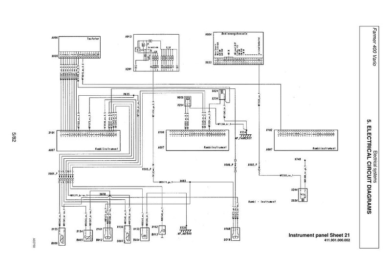 K&ouml;nnte beinhalten: Detaillierte Schwarz-Wei&szlig;-Elektroschaltplan f&uuml;r einen Farmer 400 Vario, der die Instrumententafel, Blatt 21, zeigt. Das Diagramm enth&auml;lt verschiedene Komponenten und Kabelverbindungen.
