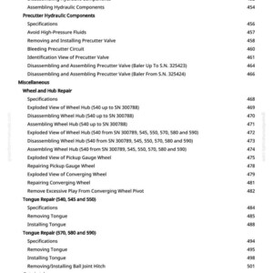 May include: A detailed table of contents from a manual, listing various repair and maintenance procedures for hydraulic components, wheel hubs, and other mechanical parts. The text is in black on a white background.