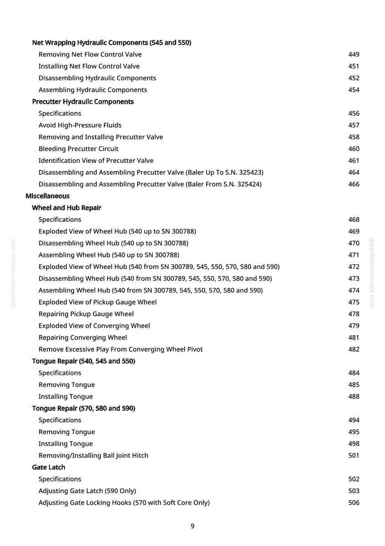 May include: A detailed table of contents from a manual, listing various repair and maintenance procedures for hydraulic components, wheel hubs, and other mechanical parts. The text is in black on a white background.