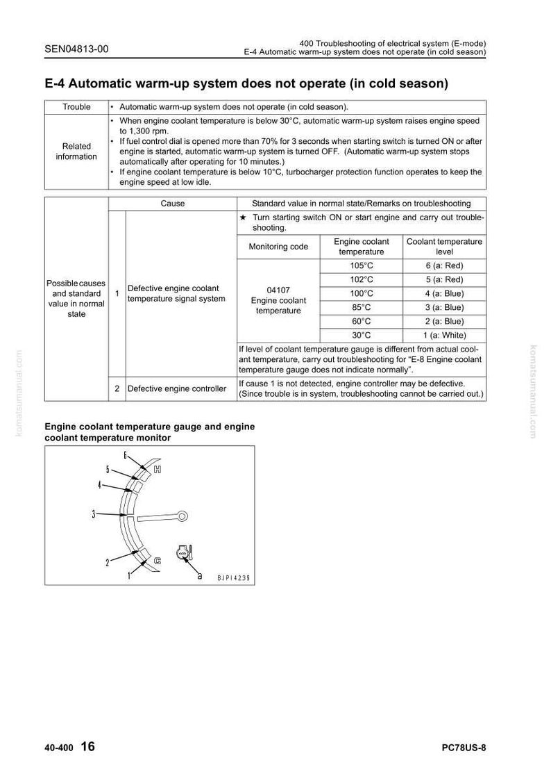Pode incluir: Diagrama de um manual que detalha o sistema de aquecimento autom&aacute;tico E-4, incluindo etapas de solu&ccedil;&atilde;o de problemas. Mostra os n&iacute;veis de temperatura do l&iacute;quido de arrefecimento do motor e um medidor com um ponteiro. O texto inclui "Medidor de temperatura do l&iacute;quido de arrefecimento do motor e monitor de temperatura do l&iacute;quido de arrefecimento do motor."