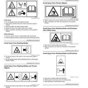 May include: A safety manual page with multiple warning symbols and instructions. The page includes warnings about avoiding injury from rotating blades, thrown objects, and other hazards associated with operating machinery.