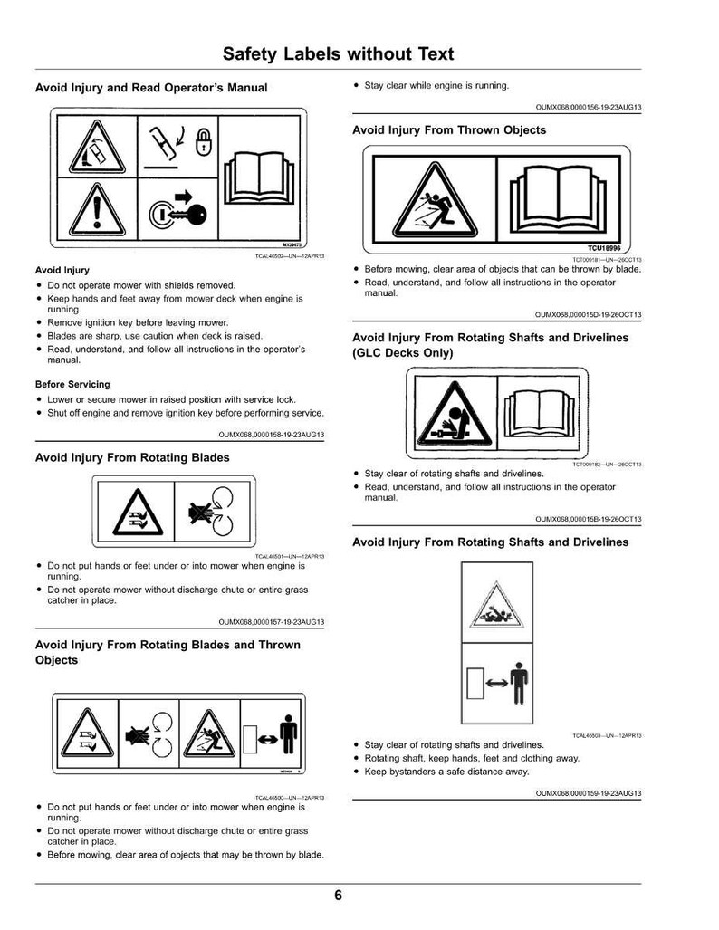 May include: A safety manual page with multiple warning symbols and instructions. The page includes warnings about avoiding injury from rotating blades, thrown objects, and other hazards associated with operating machinery.