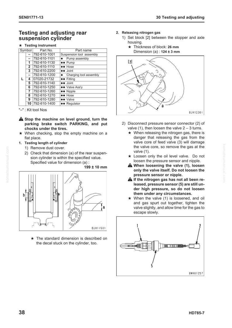 K&ouml;nnte beinhalten: Technische Zeichnung mit Details zu den Test- und Einstellverfahren f&uuml;r den hinteren Federzylinder. Enth&auml;lt Diagramme, Teilenummern und Anweisungen zum Ablassen von Stickstoffgas. Abmessung (a) betr&auml;gt 124 &plusmn; 3 mm.