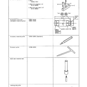 May include: Diagram of various automotive tools, including a fresh water pump impeller puller, automatic timer tool, and stem seal insertion tool. The image includes tool names, code numbers, and diagrams.