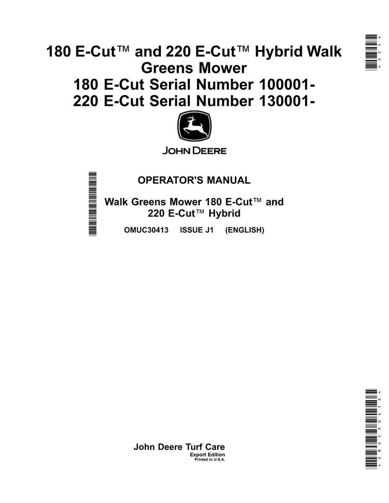 May include: A white Operator's Manual for John Deere 180 E-Cut and 220 E-Cut Hybrid Greens Mowers. The manual includes serial numbers and the John Deere logo. The text reads "Walk Greens Mower 180 E-Cut and 220 E-Cut Hybrid".