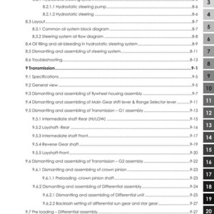 May include: A detailed contents page from an ARGO TRACTORS manual, covering steering, transmission, and related components. The document features numbered sections and sub-sections, with page numbers on the right.