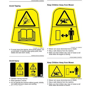May include: A page of yellow safety labels with black symbols and text. The labels warn about tipping, injury, and keeping children away from mowers. The labels include symbols of a machine, a person, and a book.