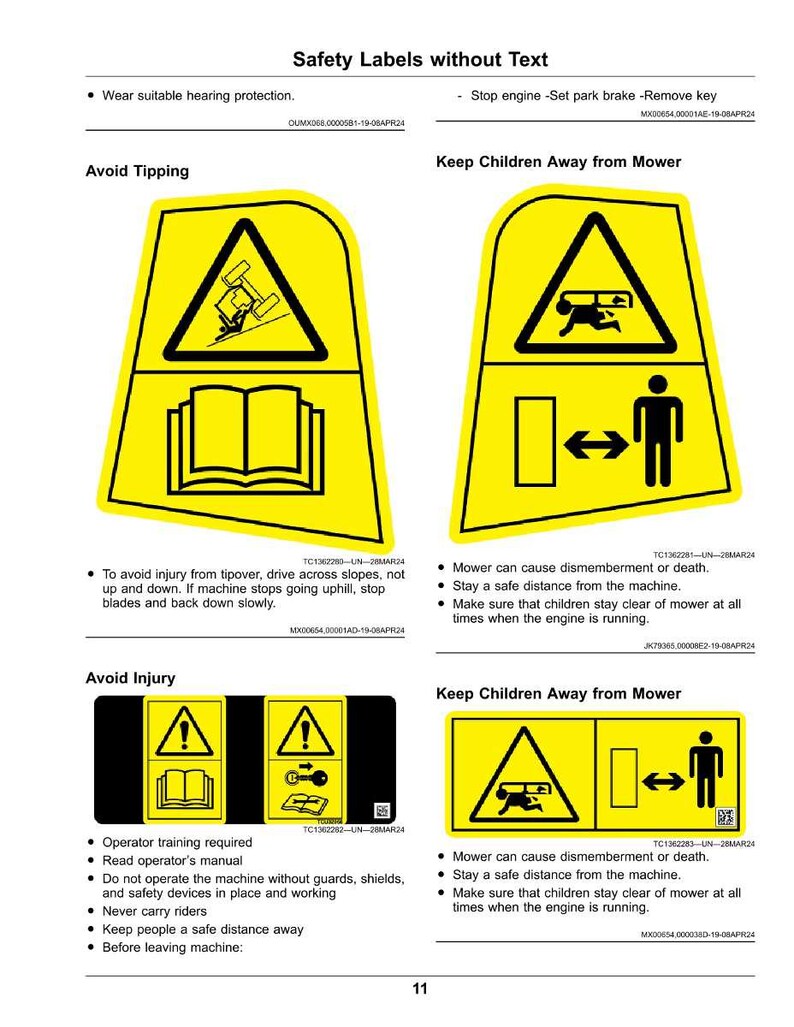 May include: A page of yellow safety labels with black symbols and text. The labels warn about tipping, injury, and keeping children away from mowers. The labels include symbols of a machine, a person, and a book.