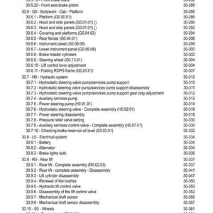 May include: A detailed table of contents from a manual, listing various components and systems. Includes sections on bodywork, hydraulic systems, electrical systems, and wheels. Text is black on a white background.