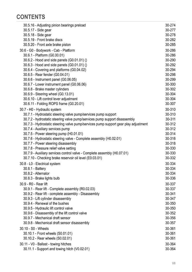 May include: A detailed table of contents from a manual, listing various components and systems. Includes sections on bodywork, hydraulic systems, electrical systems, and wheels. Text is black on a white background.