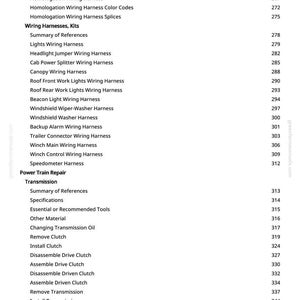 May include: A page from a manual with a table of contents. The text includes "Wiring Harnesses, Kits", "Power Train Repair", and various wiring harness names and page numbers. The website greenfarmmanuals.com is visible.