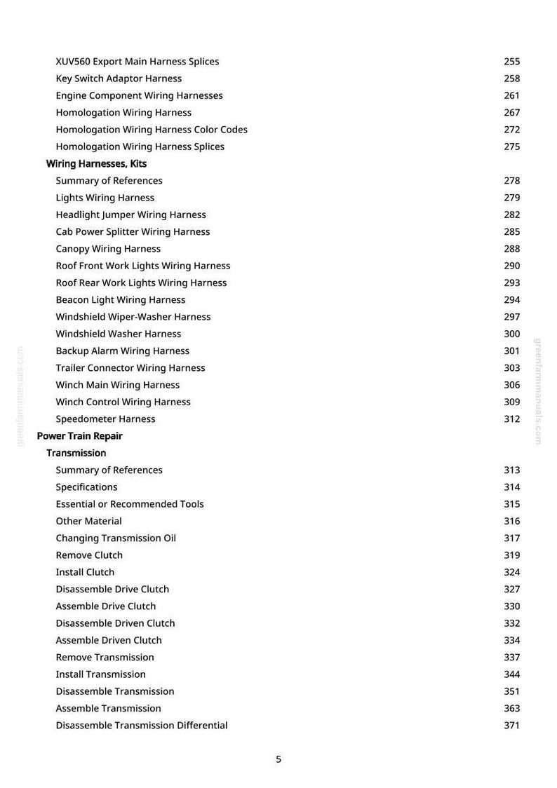 May include: A page from a manual with a table of contents. The text includes "Wiring Harnesses, Kits", "Power Train Repair", and various wiring harness names and page numbers. The website greenfarmmanuals.com is visible.