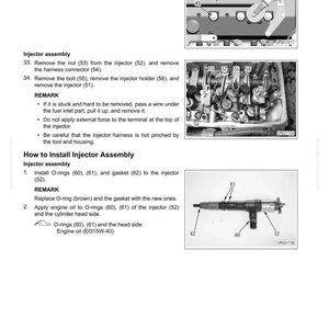 May include: Diagram showing the disassembly and assembly of an injector. Includes close-up images of engine components and a detailed parts diagram. Text provides instructions and warnings for the process.
