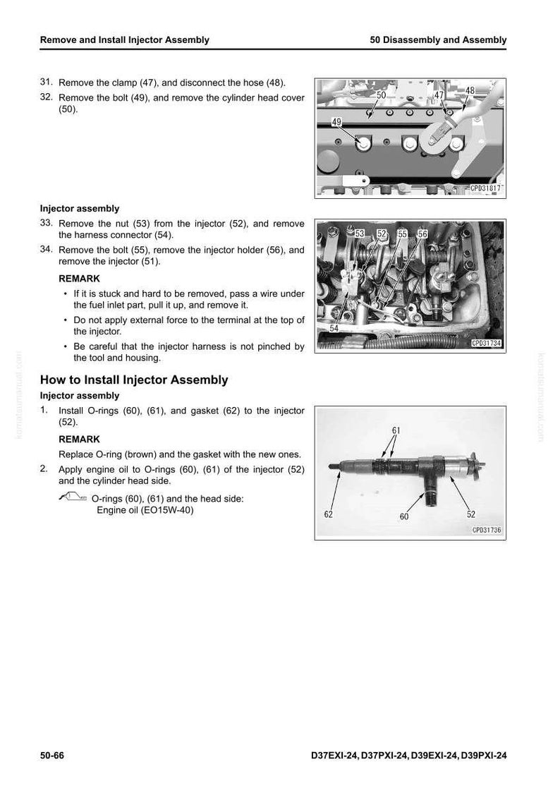 May include: Diagram showing the disassembly and assembly of an injector. Includes close-up images of engine components and a detailed parts diagram. Text provides instructions and warnings for the process.